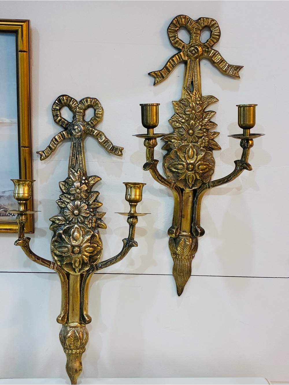 Vintage Hollywood Regency Brass Bow & Floral Wall Sconces - Pair (Made in Korea)